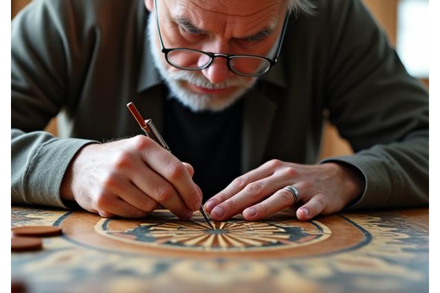 Meubelmaker aan het werk, gedetailleerd met houtfineer in een atelier, Art Deco stijl