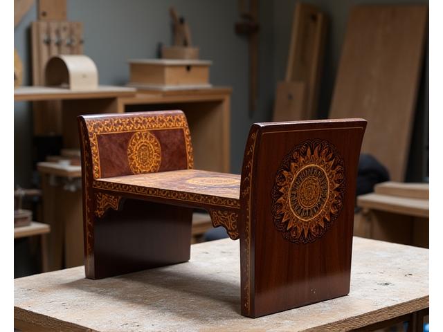 Art Deco bank met ingewikkeld marqueterie detail in voortgang.