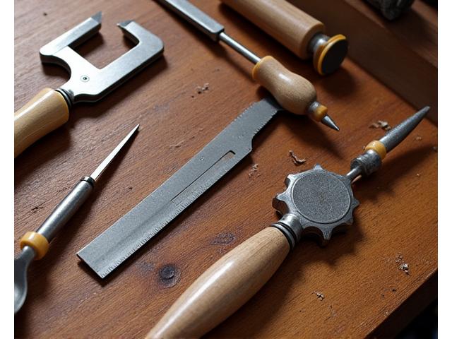 Close-up van traditionele marqueterie gereedschappen op een houten werkbank